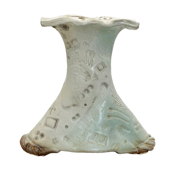 Phil Fishwick Whimsy Art Pottery Vase Green Signed Abstract Shape & Carvings - Picture 10 of 10